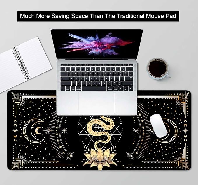 Black & Gold Large Mouse Pad, Boho Snake Witch Desk Mat for Desktop, Women Gaming Full Desk Mousepad, Moon Phases Computer Laptop Protector Writing Pad for School Office Home 35.4x15.7 in