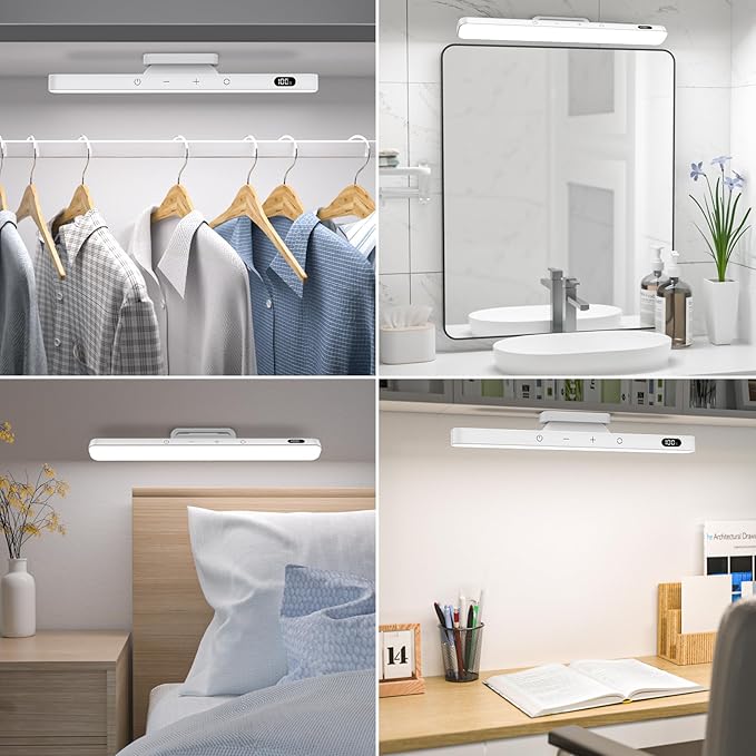 Ferswe 5W Rechargeable Light Bar - Touch Control 3-Color Adjustable, 120 LED Mirror Light with Magnetic Base, Battery Powered Stick-on Lamp for Cabinet, Closet, Kitchen, Bedroom, Bathroom, Wall