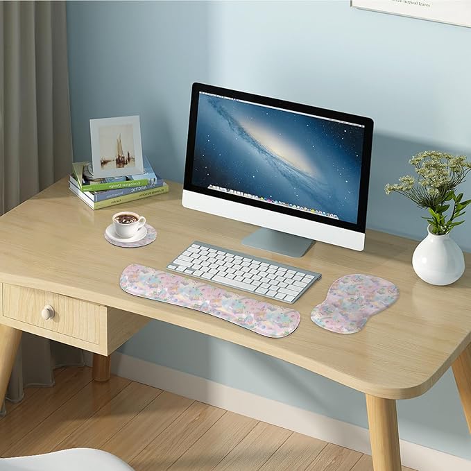 Wrist Rest Support for Mouse Pad Keyboard Set Circle Coaster Gaming Mouse Pad Ergonomic Gel Memory Foam Set for Computer, Laptop, Office, Comfortably Typing Cute KM-37