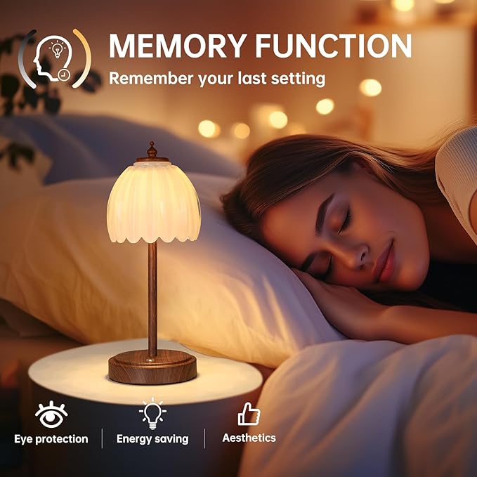 Tulip Table Lamp with 5200mAh Battery & Touch Control, Small Cordless Table Lamp with 3 Colors, Rechargeable Battery Operated Table Lamps for Bedroom, Desk, Bedside (White-Walnut Color)