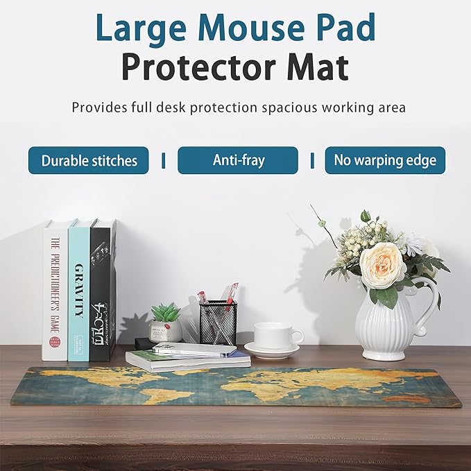 Gaming Mouse Pad, Grunge Vintage World Map Extended Mouse Pad Gaming Large, Big Desk Mat with Non-Slip Base and Stitched Edge, Long Computer Keyboard Mouse Mat for Home Office Work 31.5"x11.8"