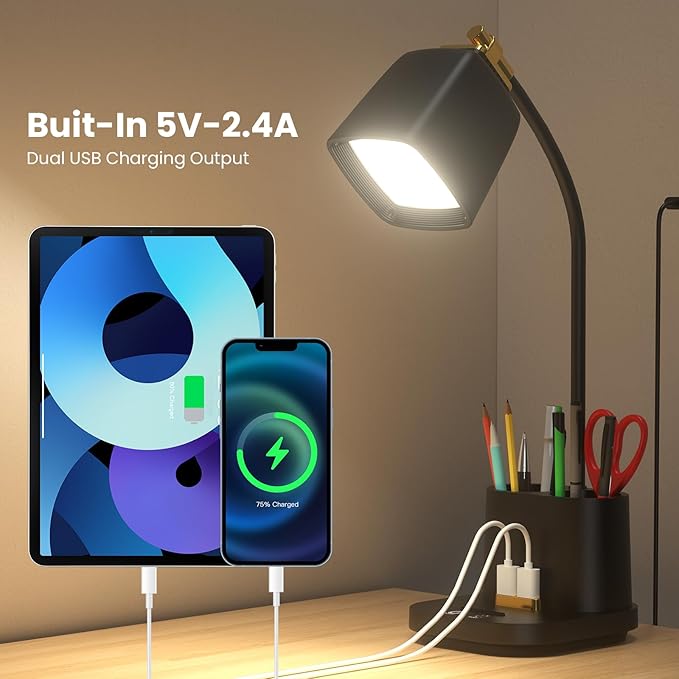 Desk Lamp with USB Charging Port & Pen Holder, LED Desk Light for Home Office, Touch Dimmable, Ideal for Study, Reading, and Work (Black)