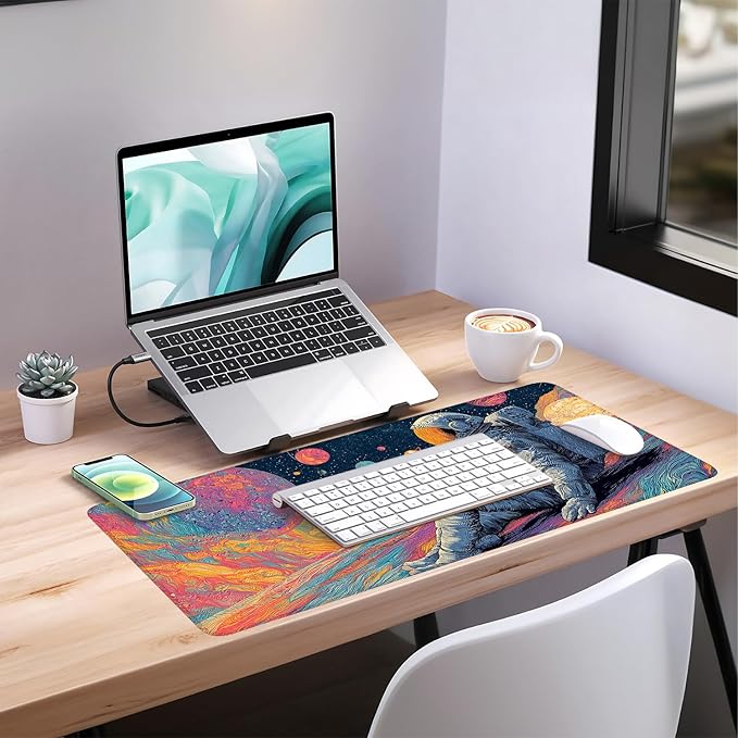 Astronaut Extended Gaming Mouse Pad 35.4x15.7Inch Large Desk Mat Anti-Slip Rubber Base & Durable Stitched Edges for Gamers Smooth Mouse Writing Surface for Desk Office/Home