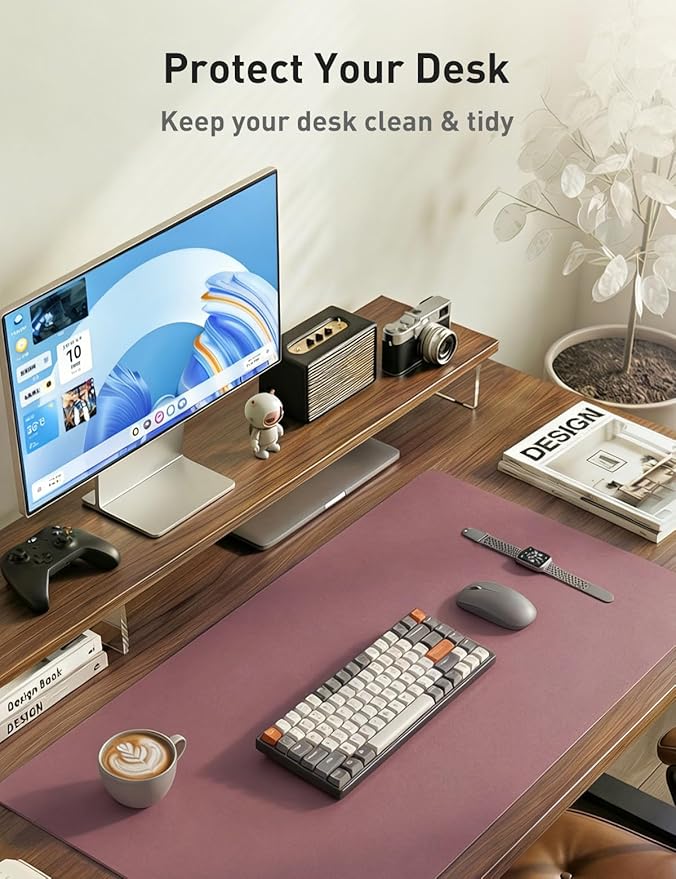 Aothia Faux Leather Desk Mat - Non-Slip PU Leather Desk Blotter, Waterproof Writing Surface, Large Desk Pad for Office & Home (Purple, 55" x 17")
