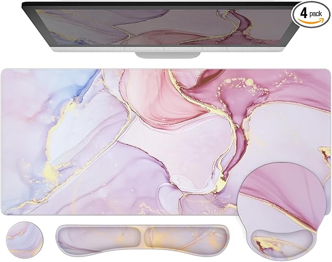 Ovenbird Mouse Pad Set 4-in-1 | Large Gaming Mousepad, Keyboard Wrist Rest, Mouse Wrist Support, Coaster | Ergonomic Office Desk Mat Accessories for Women Men | 4PCS, 35.4 x 15.7in, Pink Marble