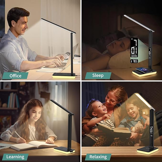 LED Desk Lamp for Home Office, USB Charging Port, Reading Lamp Desk Light with 5 Brightness, 3 Colors, Table Lamp with Clock, Alarm, Date, Temperature, Desk Lamp for College Dorm Room (Black)
