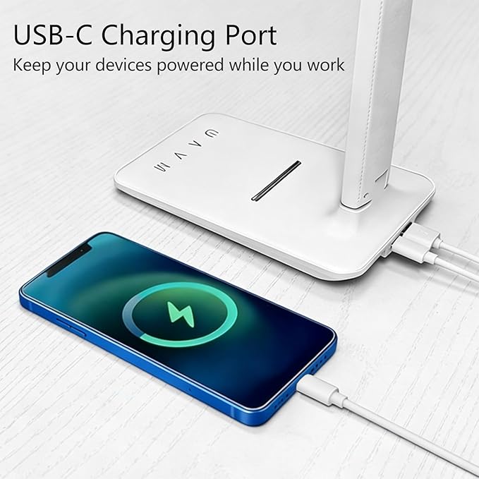 LED Desk Lamp with USB Charging Port, 5 Color Modes & 5 Brightness Levels, Eye-Caring Dimmable Touch Control Table Lamp, Adjustable Foldable Arm, USB-C Powered Desk Light for Study, Office, Bedroom