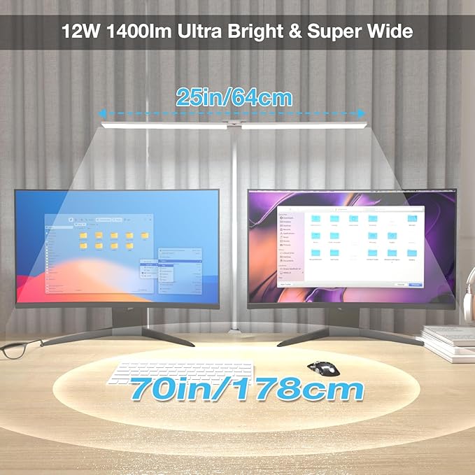 LED Desk Lamp with Clamp, Double Head Desk Light for Home Office, Dimmable Desktop Light, 12W 1400lm Eye-Caring Architect Table Lamp for Workbench Monitor Computer Reading Study, White