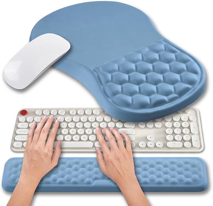 Hokafenle 2 in 1 Ergonomic Mouse Pad Wrist Support & Wrist Rest for Computer Keyboard Set, with Memory Gel Massage Bulge Design (2In1 Set, Lake Blue)