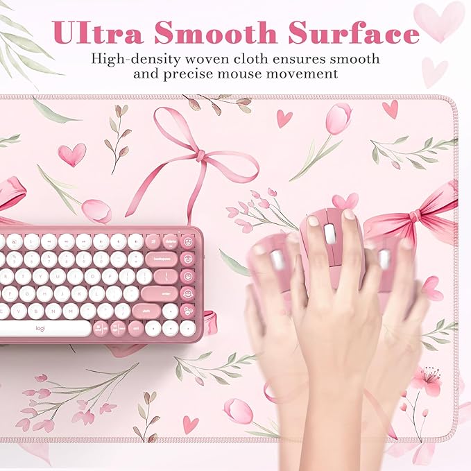 HAOCOO Pink Coquette Desk Mat for Keyboard and Mouse,Cute Floral Large Mouse Pad,Non-Slip Waterproof Desk Pad,Computer Mat with Edge Stitching for Office (Love Bow)