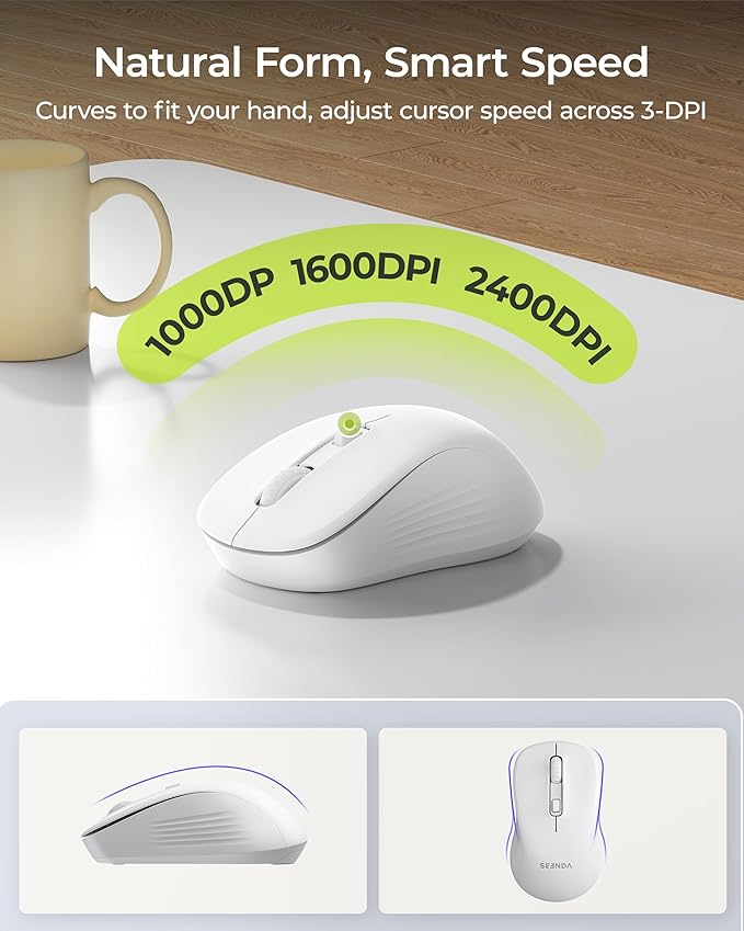 seenda Wireless Bluetooth Keyboard and Mouse Combo, COE200 Ergonomic Wireless Keyboard Mouse with Wrist Rest, Multi-Device Connection, Full-Size Compatible for Computer/Laptop/Mac/MacBook, White