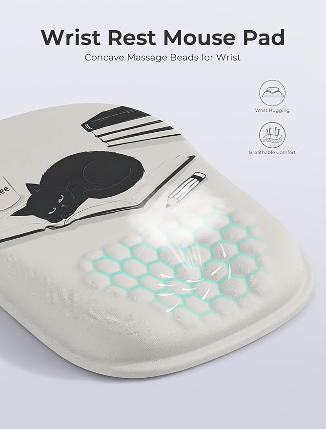 Ergonomic Mouse Pad with Cute Black Cat Design, for Carpal Tunnel Pain Relief, 65% Usable Mouse Area, Memory Foam Concave Wrist Rest for Office, PC, Gaming