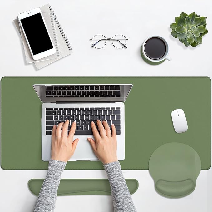 Britimes Olive Green Keyboard Mouse Pad Set 4in1 Large Mousepad+Keyboard Wrist Rest+Mouse Wrist Rest+Coaster Ergonomic Design for Home Office Computer 35.4x15.7Inches