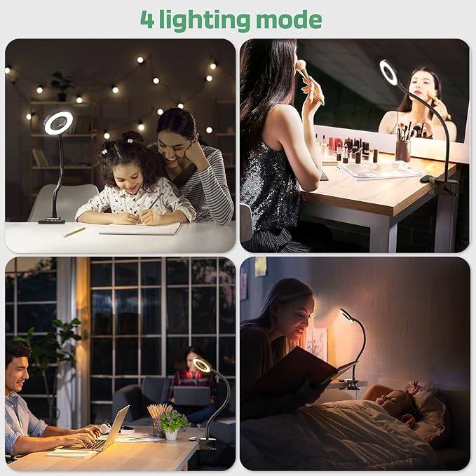 GLORIOUS-LITE LED Clip on Light, 36 LED Eye-Caring Reading Lamp for Dorm Room, 360° Flexible Gooseneck with 4 Color Modes, Dimmable Book Light for Bed, Desk, Headboard, Computer (Black)