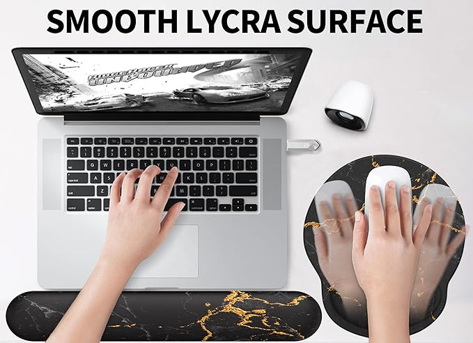 eulps Mouse Pad Wrist Support, Ergonomic Memory Foam Keyboard Wrist Pad & Gel Wrist Rest Set for Computer Keyboard for Easy Typing for Office & Home (Black Marble Set)