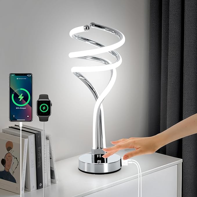 ElDISUNY Modern LED Table Lamp, 3 Color Temperatures,Touch Control CurveDimmable Bedside Table Lamps with USB Ports, Touch Control LED NightstandLamp, Desk Lamp for Living Room, Bedroom -Silver