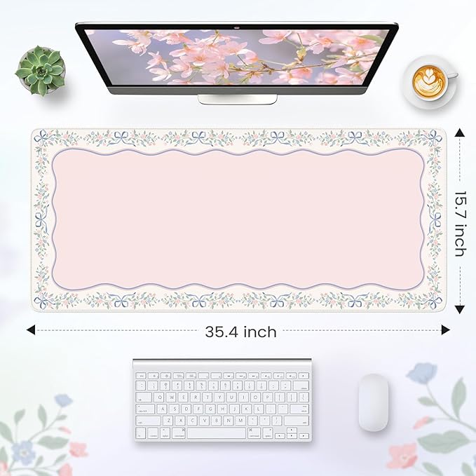 HAOCOO Cute Floral Desk Matt for Desktop, Pink Bow Computer Desk Mat, Non-Slip Waterproof XXL Mouse Pad for Desk, Gaming & Office, Desk Pad Mat for Women Office Aesthetics