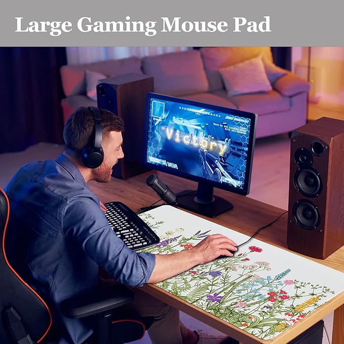 Desk Pad Sage Green Botanical Flowers, Desk Mat for Desktop, XXL Large Gaming Mouse Pad, Non-Slip Rubber Base Stitched Edges Waterproof Keyboard mat for PC Game, Laptop, Computer, Work, Office, Floral
