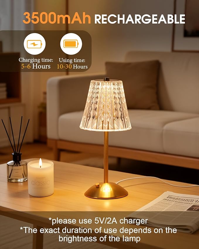 Rechargeable Cordless Table Lamp, Touch Control Crystal Desk Lamp with 3500mAh Battery, 3 Color Dimmable LED Small Lamp for Bedroom Bedside Restaurant Kitchen Home Decor, Gold
