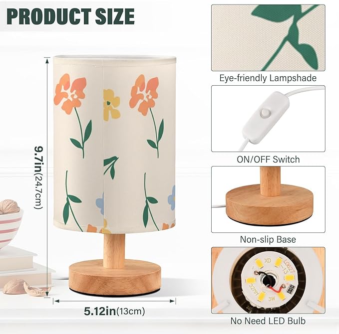 Colorful Floral LED Table Lamp, Bedside Lamp with Linen Lampshade, Flicker-Free Eye Care USB Plug in Nightstand Lamp, for Bedroom and Office