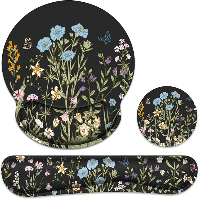 Ergonomic Mouse Pad with Wrist Rest and Keyboard Wrist Rest, Memory Foam Wrist Rest for Computer Keyboard, Easy Typing, Black Mouse Pad Wrist Support for Gaming,Office, Laptop, Floral