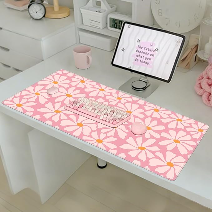Baziabbo Pink Desk Mat,XXL Extended Large Mouse Pad,Gaming Mousepad with Stitched Edge,Non-Slip Rubber Base Keyboard Desk Pad for Home Office Study Game (Pink Flowers)