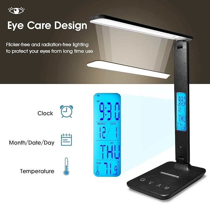 Desk Lamp with USB Charging Port,Wireless Charger LED Desk Lamp,Adjustable Foldable Table Lamp with Clock, Alarm, Date,5 Levels Dimmable Lighting,Home Office Lamp for Studying, Reading,Working (Black)