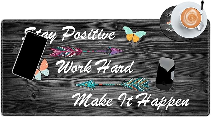 Stay Positive Mouse Pad 24x12 Inch Desk Mat Work Hard and Make It Happen Mousepad Inspirational Quote Desk Pad XXL Computer Mat for Wireless Mouse Work Coaster Set