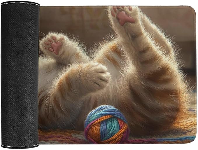 Large Ergonomic Gaming Mouse Pad Curious Kitten Playtime - Cute Cat Theme with Non-Slip Base Water-Resistant Surface and Stitched Edges 40X75cm