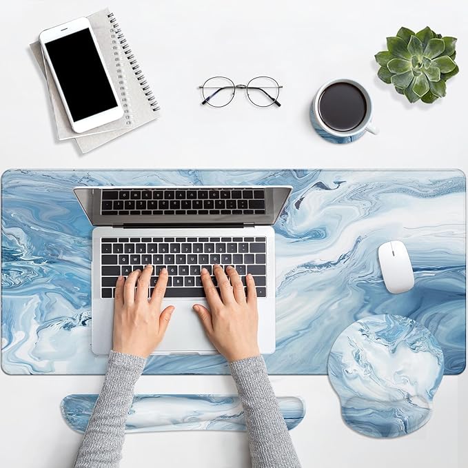 Arttown Blue White Gradient Desk Mat Abstract Ocean Marble Mouse Pad Set 4 in 1 Ergonomic Design Large Mousepad + Keyboard Wrist Rest + Mouse Wrist Rest + Coaster Suitable for Home Office Study Game
