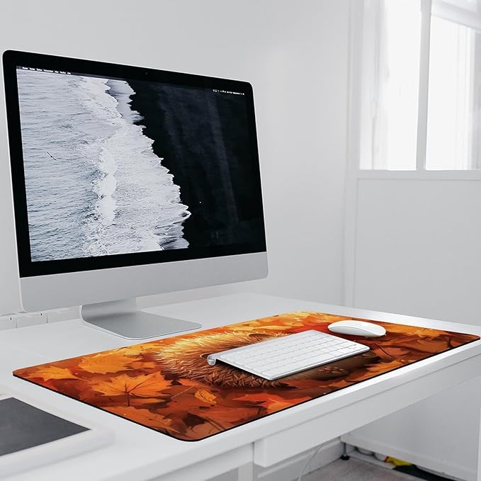Large Ergonomic Gaming Mouse Pad Cozy Hedgehog in Autumn Leaves - Cute Forest Animal Theme with Non-Slip Base Water-Resistant Surface and Stitched Edges 40x90cm