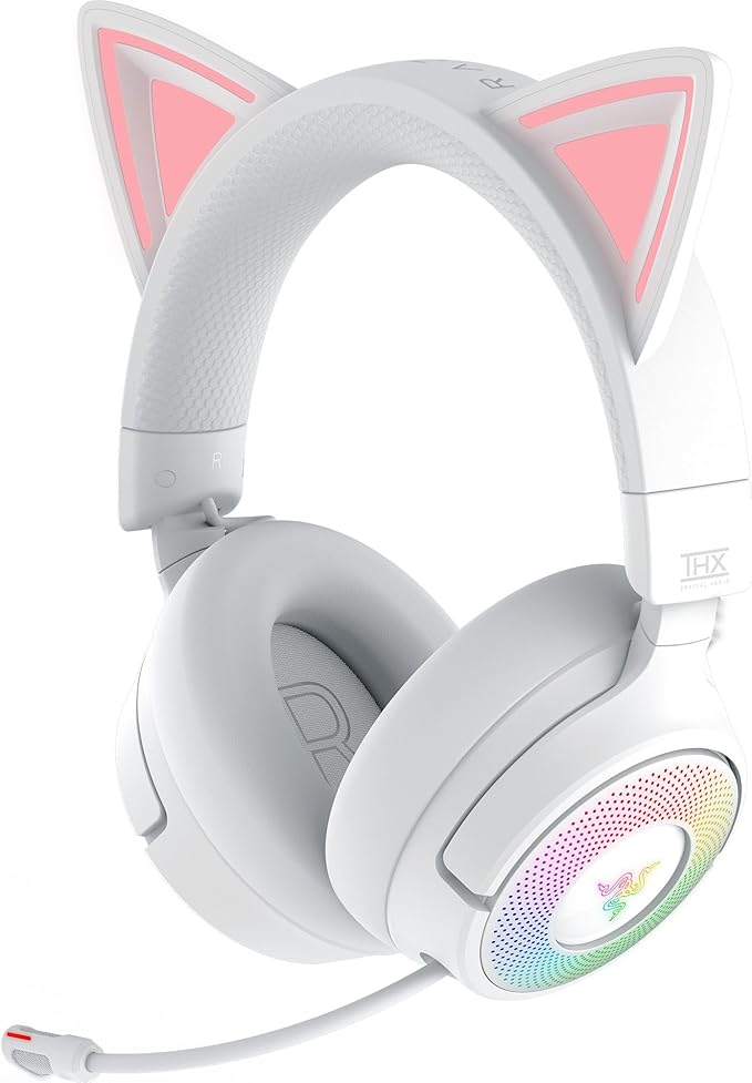 Razer Kraken Kitty V3 Pro Wireless RGB Gaming Headset: Chroma RGB Kitty Ears - 2.4 GHz, Bluetooth 5.3, USB A - Super Wideband Mic - 40mm Drivers - THX Spatial Audio - Comfortable Ear Cushions - White