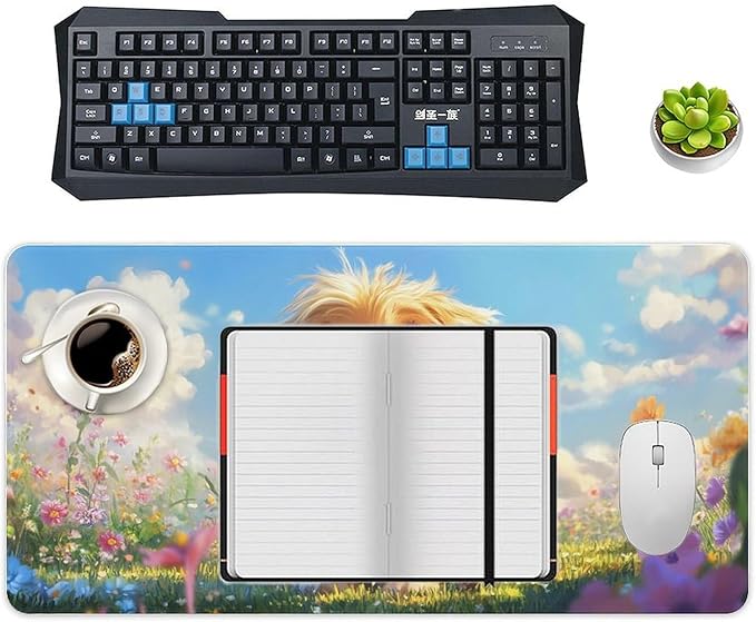 Large Ergonomic Gaming Mouse Pad Fluffy Puppy in Sunny Meadow - Cute Dog Theme with Non-Slip Base Water-Resistant Surface and Stitched Edges 30x60cm