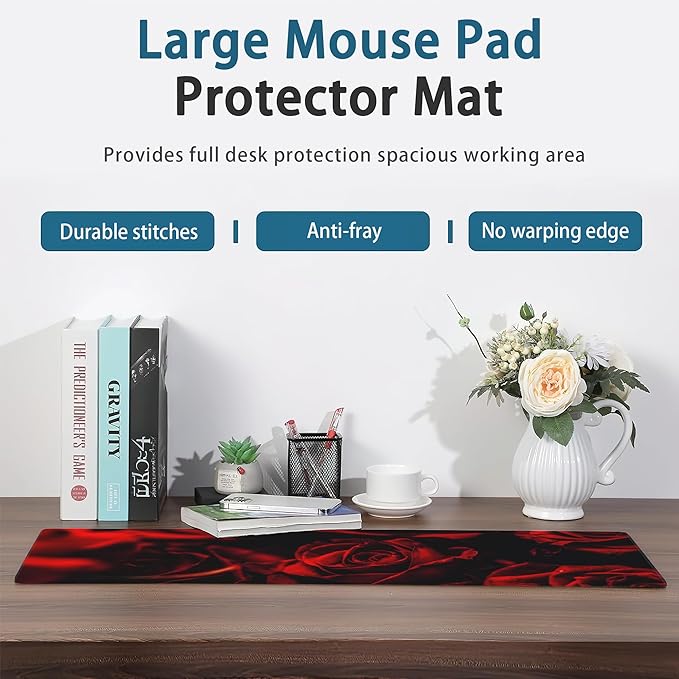 Rose Gaming Mouse Pad, Abstract Red Rose and Black Leaves Extended Mouse Pad Gaming Large,Desk Mat with Non-Slip Base and Stitched Edge,Long Computer Keyboard Mouse Mat for Home Office 31.5"x15.7"