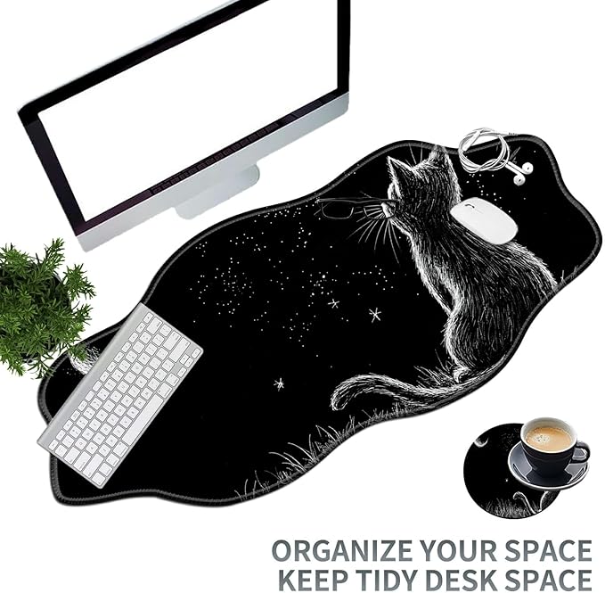 Black Cat Moon Large Gaming Mouse Pad Plus a Coaster, 35.4 x 15.7 inches Desk Mat Extended XXL Mousepad with Stitched Edge Non-Slip Rubber, Desk Pad Computer Mouse Mat for Home Office