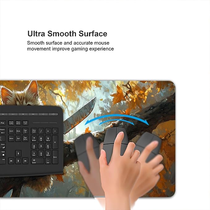 Cute Desk Mat Animal Cat Autumn Forest Fantasy Art Extended Gaming Mouse Pad Mat with Stitched Edge Non-Slip Base Big Mouse Pad 31.5"x11.8" Office Computer Keyboard Laptop Home