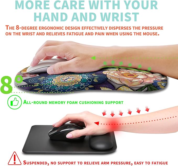 Ergonomic Mouse Pad Wrist Support with Memory Foam Massage Bulge, Carpal Tunnel Mousepad Wrist Rest for Mouse(12x8 inch, Blooming)