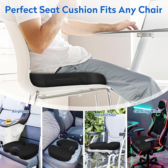 Seat Cushion - Memory Foam Office Chair Cushion for Coccyx, Tailbone & Back Support - Orthopedic Coccyx Pillow for Car, Airplane, Pregnancy & Long Sitting at Work, Black