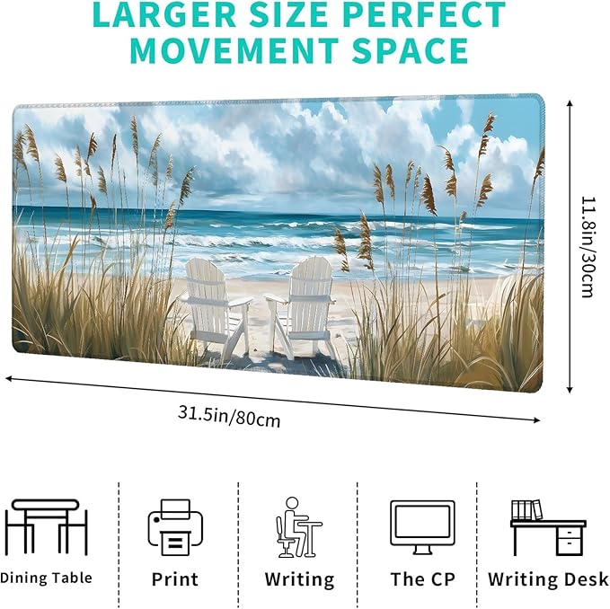 Nautical Coastal Gaming Mouse Pad,12x31.5in Non-Slip Rubber Beach Desk Mat,Large Extended Mousepad for Office Home Laptop,Mice Pads Gifts,Game Lover Deskmat Decor (Peaceful Coastal Scene)
