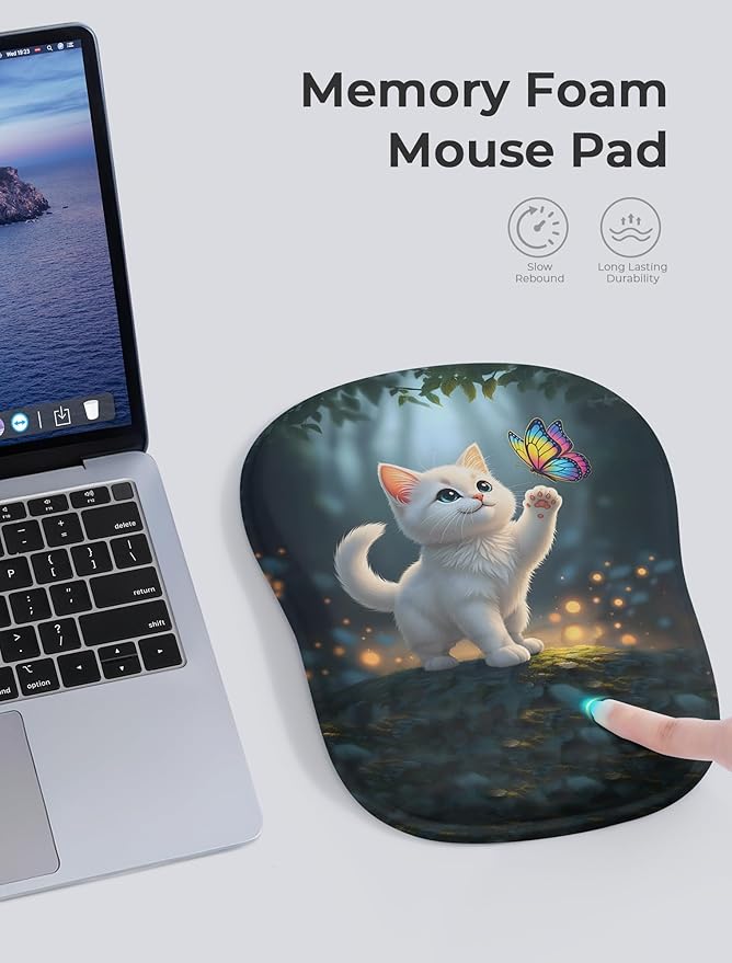 Adorable Kitty Cat Ergonomic Mouse Pad for Carpal Tunnel Pain Relief, 65% Usable Mouse Area, Memory Foam Concave Wrist Rest for Office, PC, Gaming