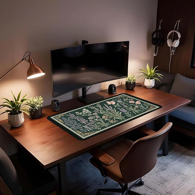 Deep Green Retro Desk Pad, Plant Flower Mouse Pad XXL, Large Gaming Mouse Mat, Laptop Pad, Desktop Protective Pad, Computer Mats with Stitched Edges, Women Office Desk Accessory 31.5"X15.7"