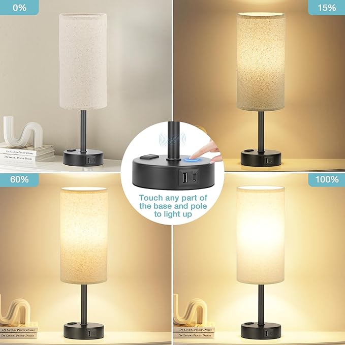 Fenmzee Beige Touch Table Lamp for Bedroom - 3 Way Dimmable Bedside Lamp USB C Charging Ports and AC Outlet, Small Lamp with Fabric Shade Black Base for Living Room, Office Desk, LED Bulb Included