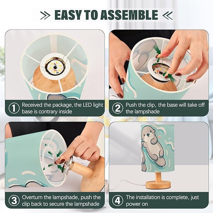 Cute Pufferfish LED Table Lamp, Bedside Lamp with Linen Lampshade, Flicker-Free Eye Care USB Plug in Nightstand Lamp, for Bedroom and Office