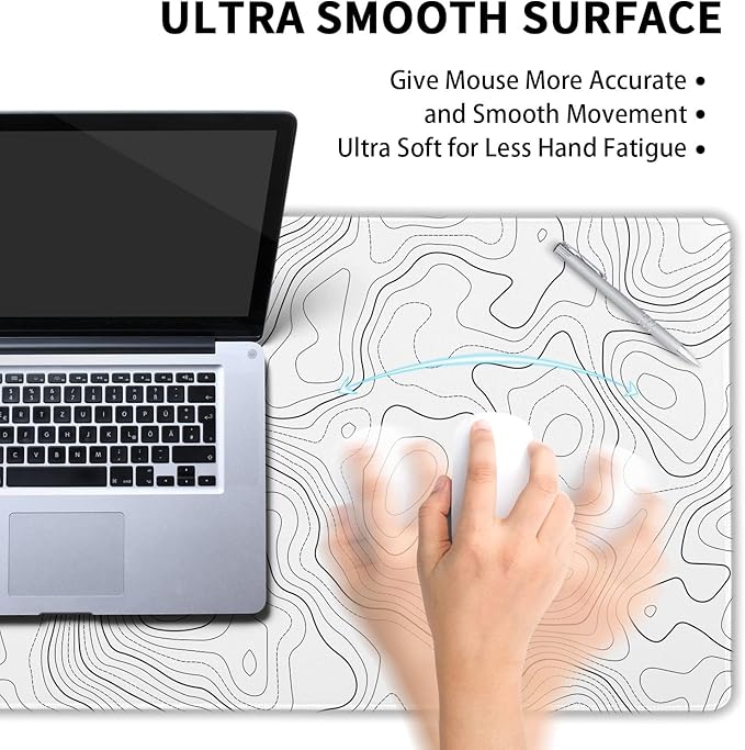 aportt Topographic Map Large Mouse Pad XXL White Lines Contour Geographic Extended Desk Mat Big 90X40 CM Non-Slip Rubber Base Stitched Edge Long Mousepad,35.4 x 15.7 Inch