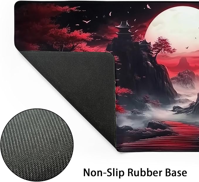 Black Red Japanese Mouse Pad XL Moon Sakura Cherry BLoosm Tree Extended Table Mat 80X30 cm Non-Slip Rubber Base Stitched Edge Large XL Mousepad for Desk Gaming Laptop Desk Top,31.5×11.8 Inch