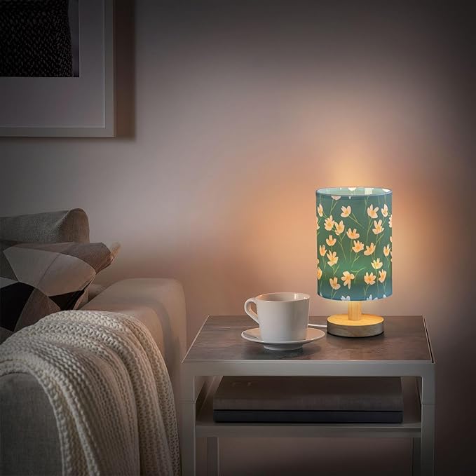 Green Floral LED Table Lamp, Bedside Lamp with Linen Lampshade, Flicker-Free Eye Care USB Plug in Nightstand Lamp, for Bedroom and Office
