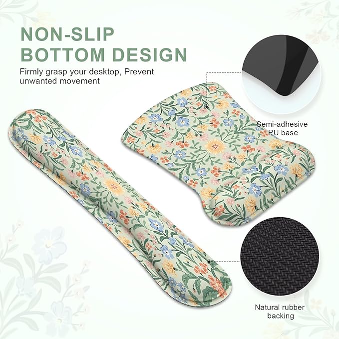 iCasso Ergonomic Mouse Pad, Keyboard Wrist Rest, Memory Foam Mousepad with Wrist Support, Easy Typing and Relieve Wrist Pain Keyboard Pad for Computer(Green Floral)