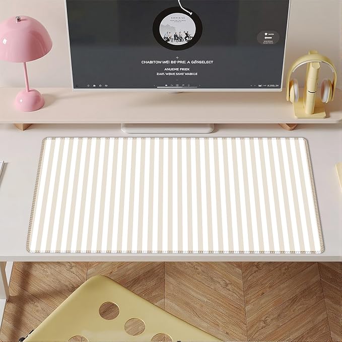 Beige Striped Desk Mat Cute Pastel XXL Large Gaming Mouse Pad Desk Pad Kawaii Aesthetic Home Office Decor Cozy Keyboard Laptop Computer Mat