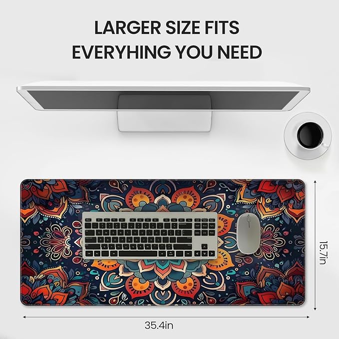 XXL Gaming Mouse Pad, Bohemian Floral Pattern, 35.4 x 15.7 Inches, Microfiber Cloth, Non-Slip Rubber Base, Extended Desk Mat