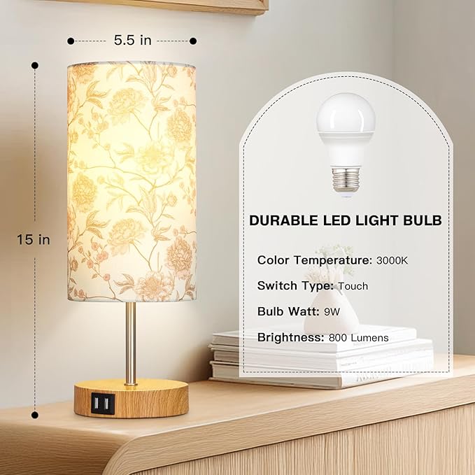 Bedside Touch Lamp with Flower Fabric Shade, 3 Way Dimmable Wood Bedroom Lamp for Nightstand with 2 USB Charging Ports, Small Table Lamp for Living Room Reading Desk (LED Bulb Included)